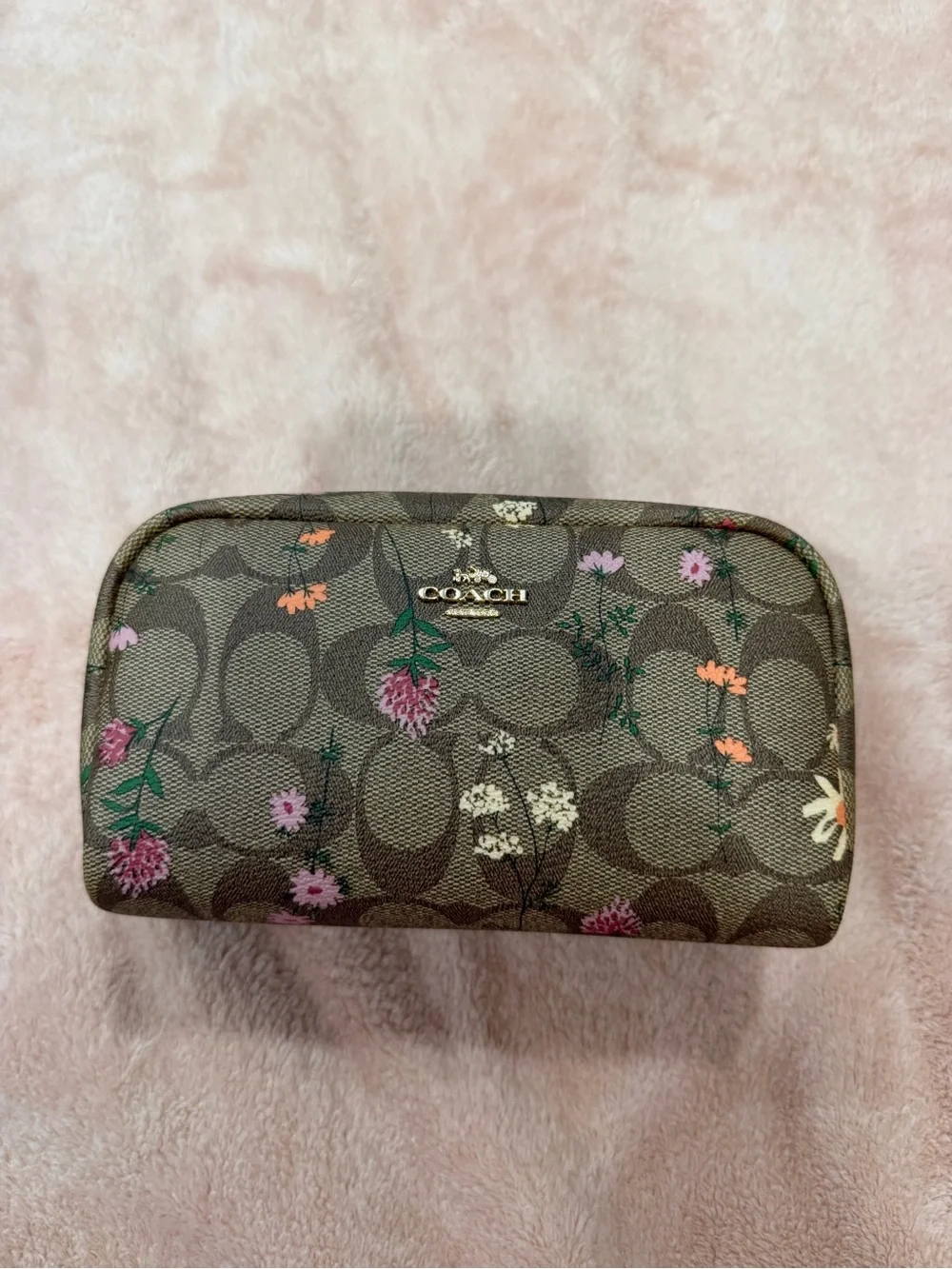 COACH Brown Signature Wildflower Boxy Floral Makeup Cosmetic Pouch